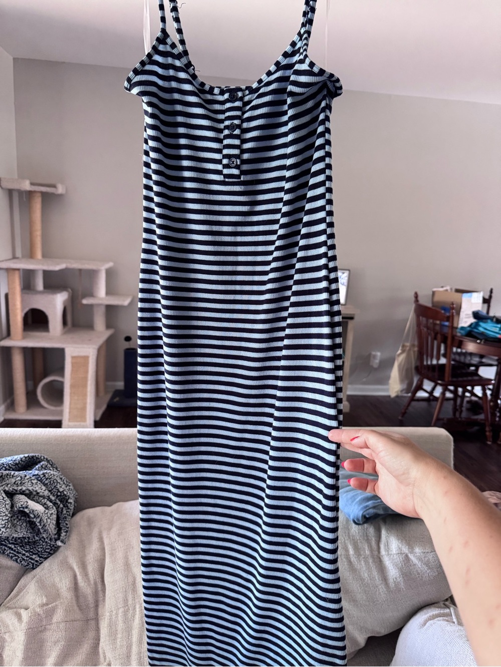 Striped Navy & Light Blue Fitted Tank Maxi Dress